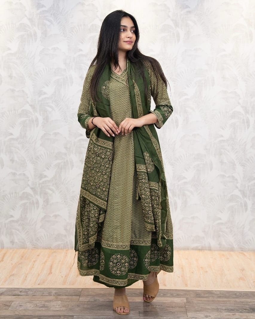 Cotton Printed Angrakha Anarkali Suit Set